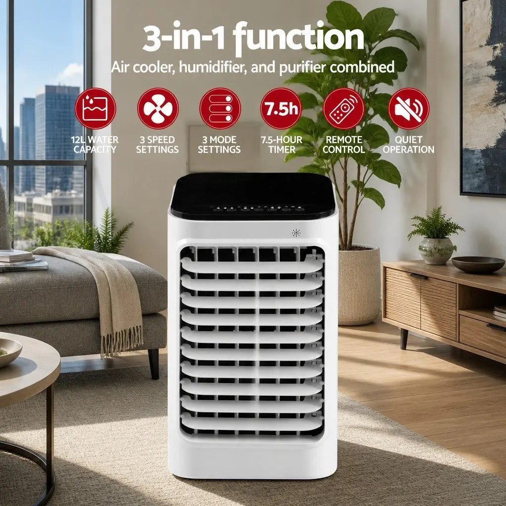 Evaporative Air Cooler 12L Water Tank Humidifier Purifier Portable White
