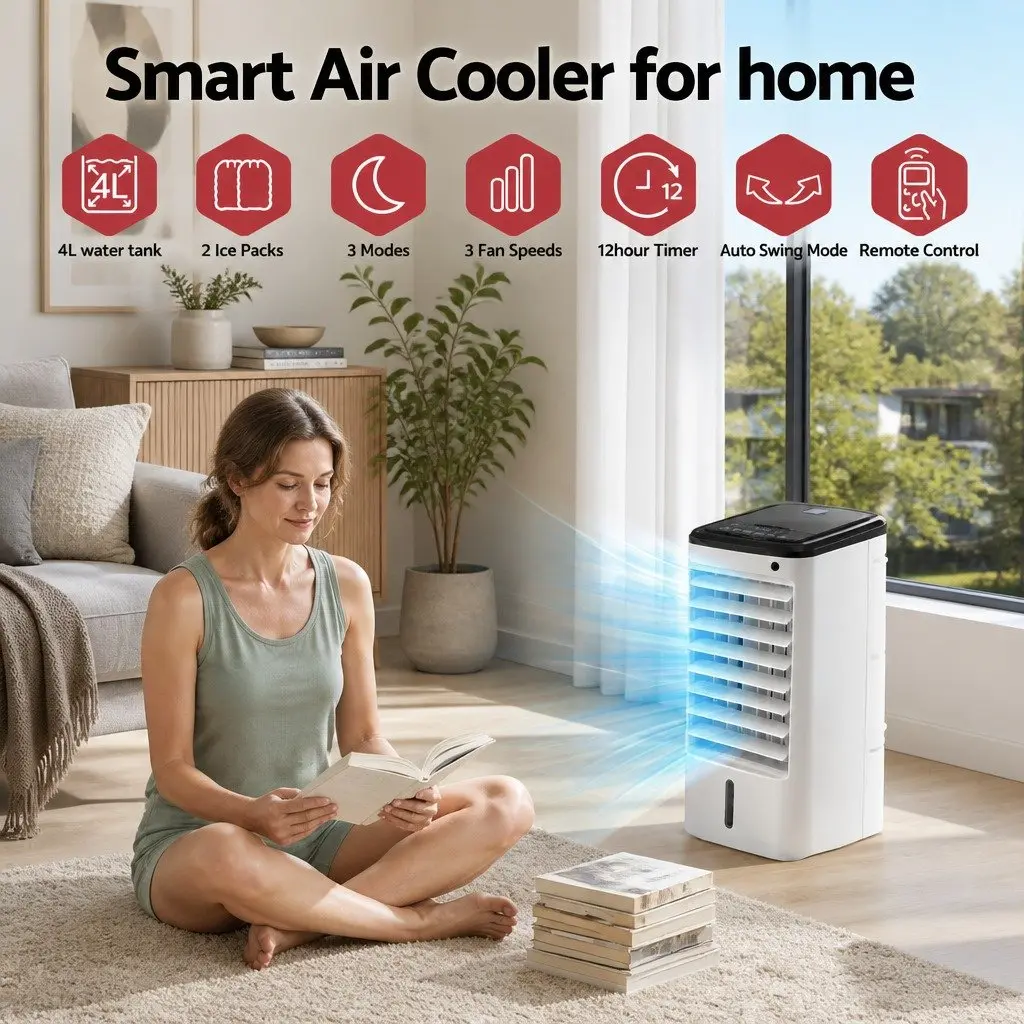 Evaporative Air Cooler 4L Humidifier Fan Remote Control White