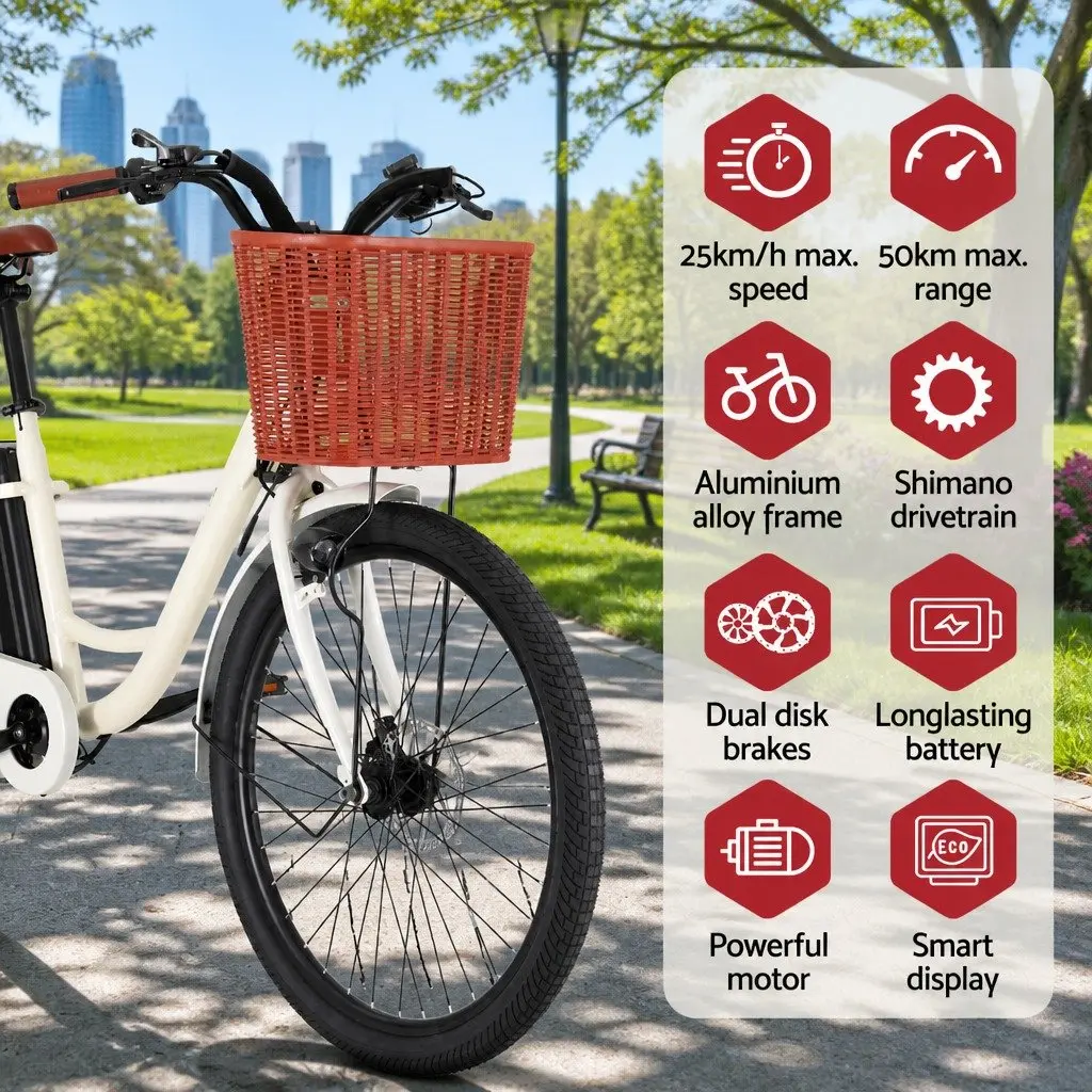 Electric Bike Commuter Bicycle 26 Inch Brushless Motor White