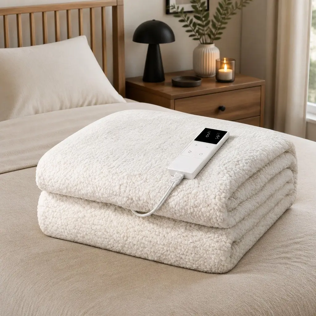 Electric Blanket King Single Fully Fitted LED Remote Sherpa Fleece Washable