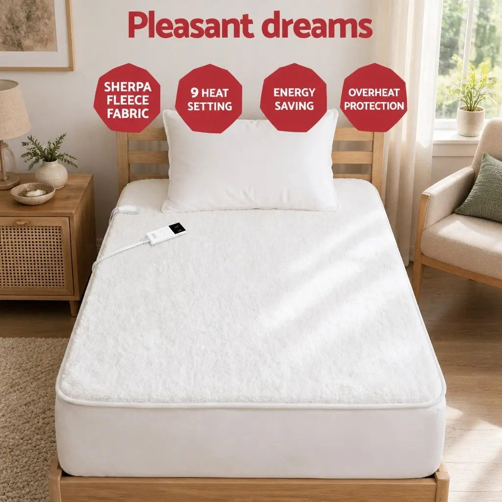 Electric Blanket King Single Fully Fitted LED Remote Sherpa Fleece Washable