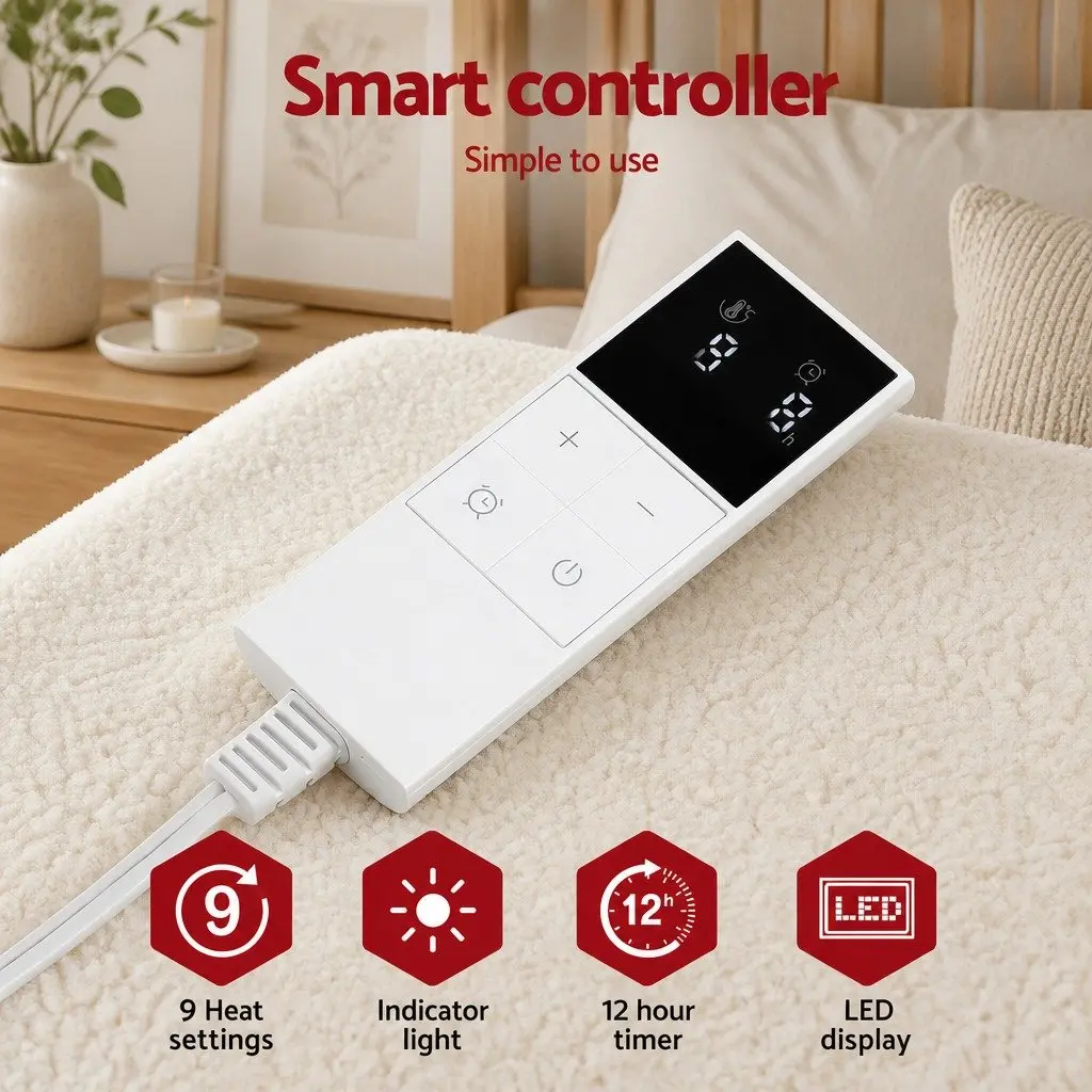 Electric Blanket King Single Fully Fitted LED Remote Sherpa Fleece Washable