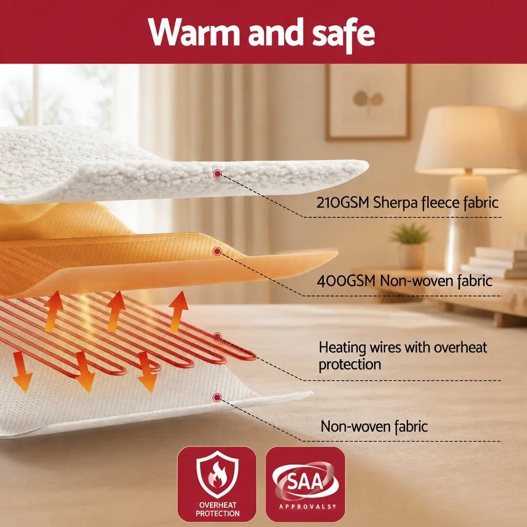Electric Blanket King Single Fully Fitted LED Remote Sherpa Fleece Washable