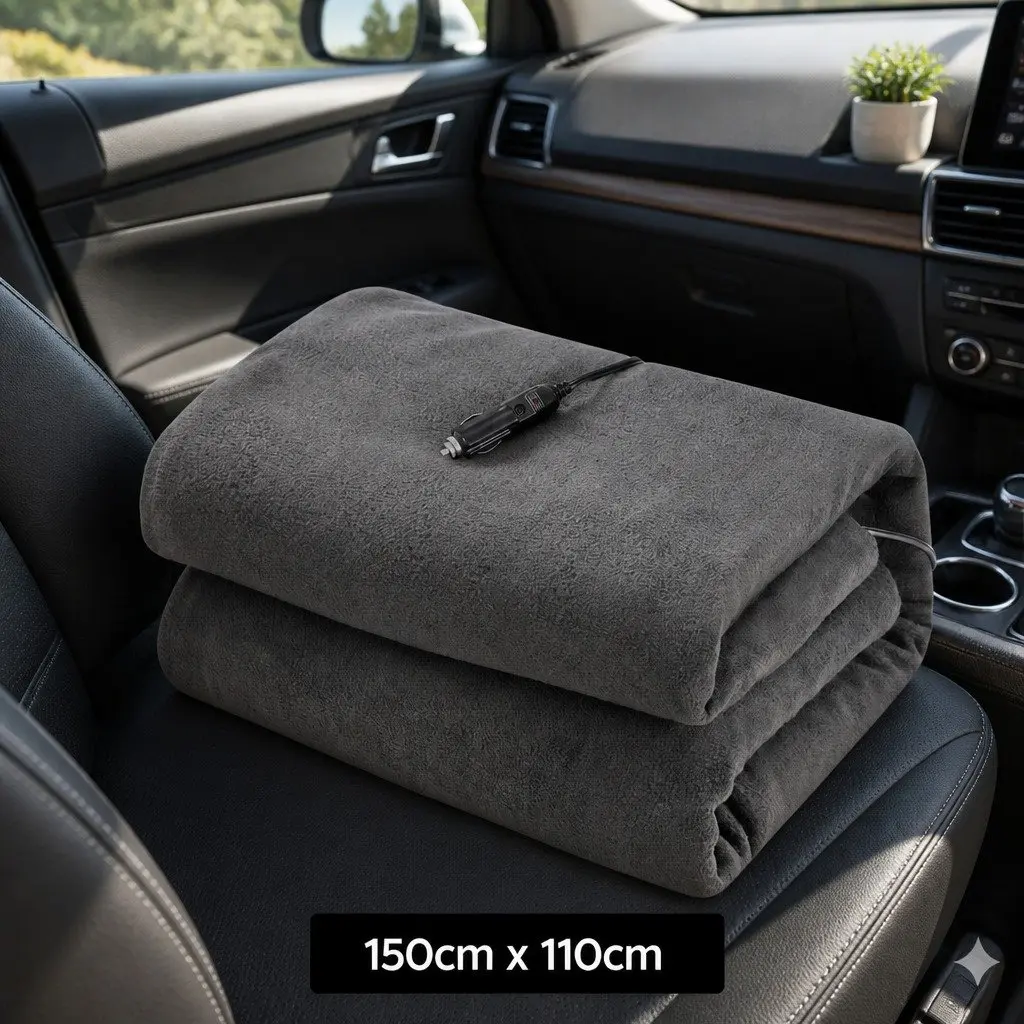 Electric Car Blanket 12V DC Heated Rug for Vehicles Camping 150cm x 110cm Grey