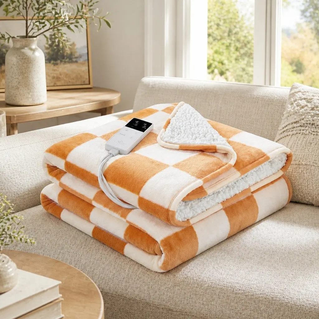 Electric Throw Rug Heated Blanket Dual Sided Flannel Sherpa 160cm x 130cm Yellow or White