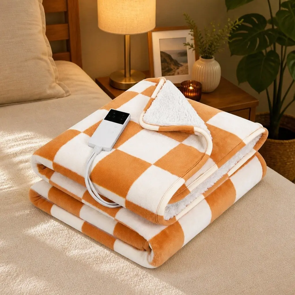 Electric Throw Rug Heated Blanket Dual Sided Flannel Sherpa 160cm x 130cm Yellow or White