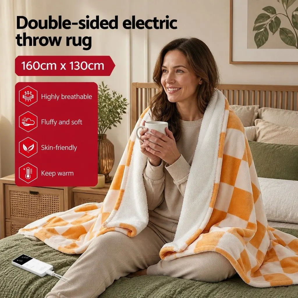Electric Throw Rug Heated Blanket Dual Sided Flannel Sherpa 160cm x 130cm Yellow or White