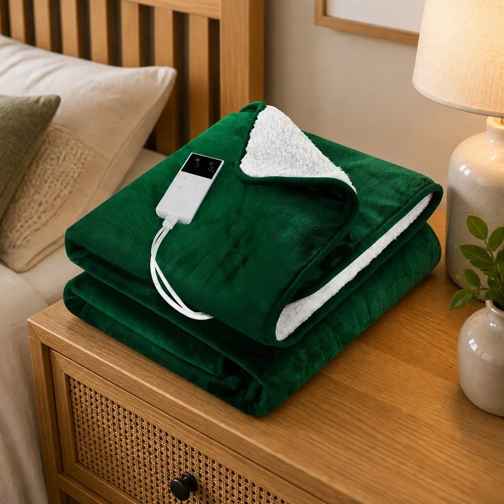 Electric Heated Throw Rug Flannel Sherpa Blanket 160x130cm Green
