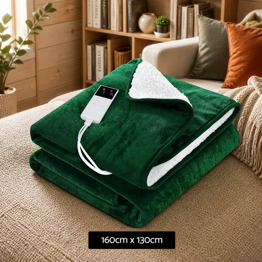 Electric Heated Throw Rug Flannel Sherpa Blanket 160x130cm Green