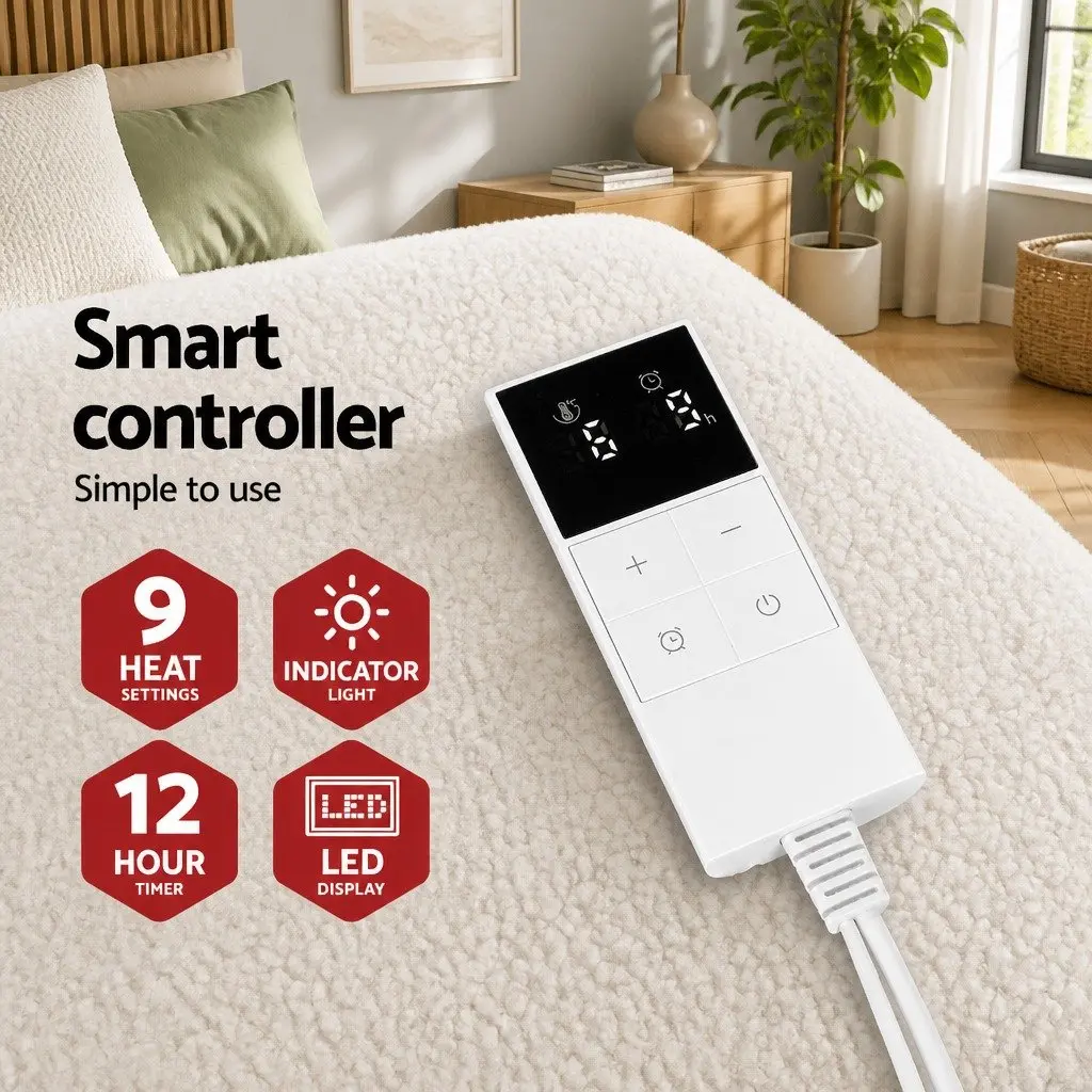 Electric Blanket King Size Fitted Fleecy Heated Bed Blanket White