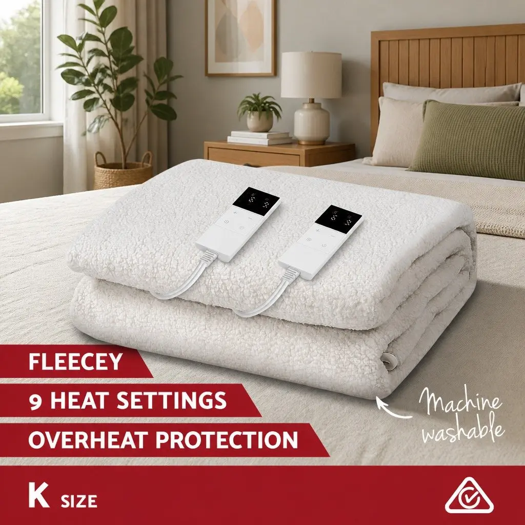 Electric Blanket King Size Fitted Fleecy Heated Bed Blanket White