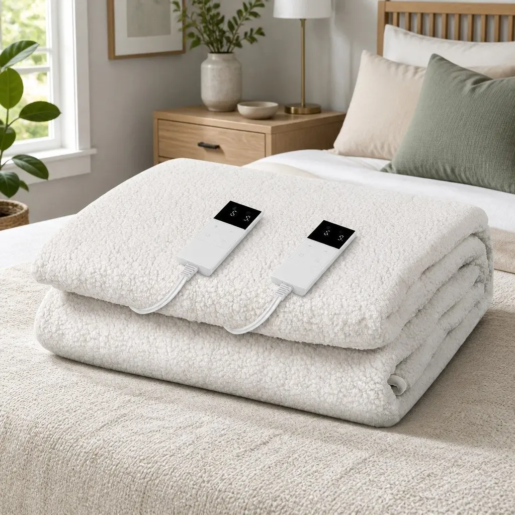 Electric Blanket King Size Fitted Fleecy Heated Bed Blanket White