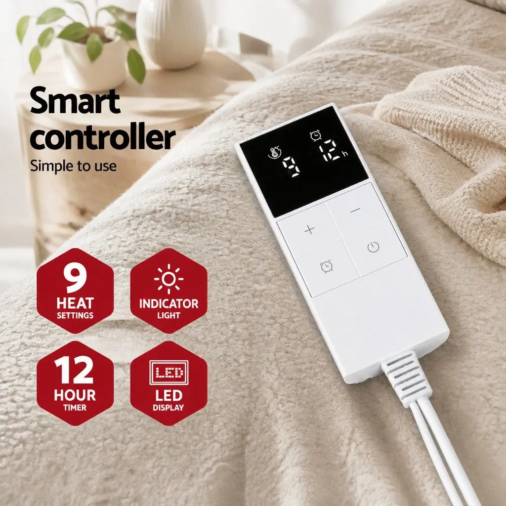 Queen Size Electric Blanket Heated Bedding Fitted Fleecy Fabric 9 Temperature Levels White