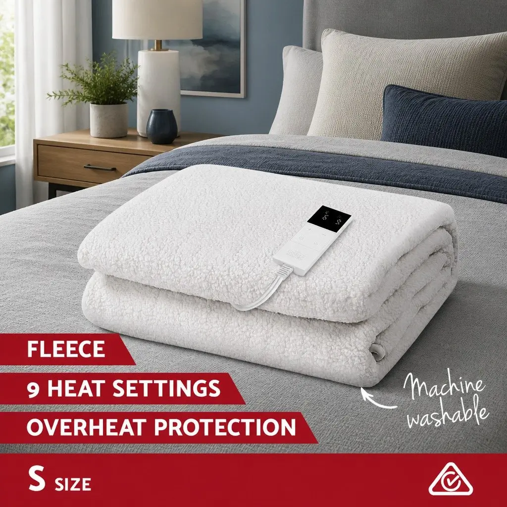 Electric Blanket Single Bed Fitted Warm Fleece White 193cm x 91cm