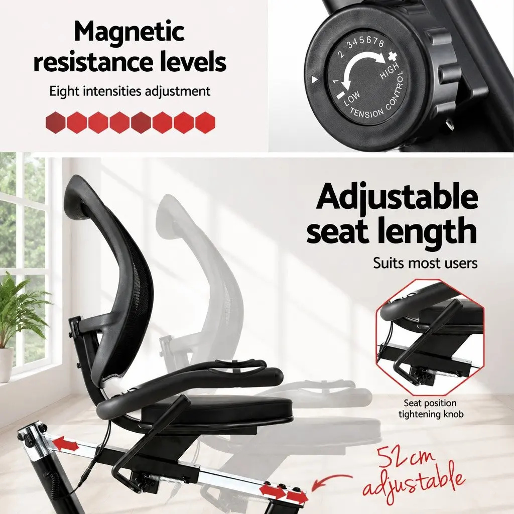 Recumbent Exercise Bike Magnetic Resistance Home Gym Fitness 120kg Max Weight Black