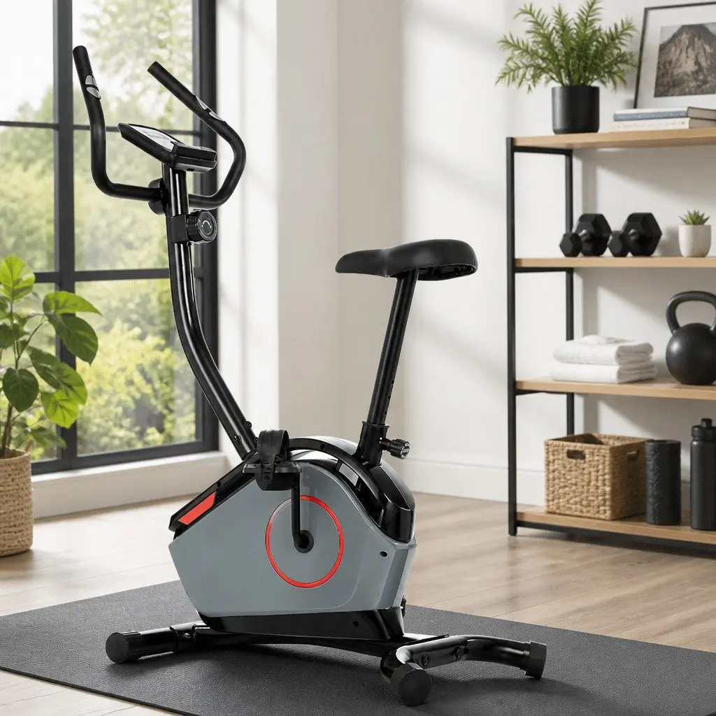 Upright Exercise Bike Home Gym Cardio Fitness Magnetic Resistance 8 Levels Adjustable Height Black Grey