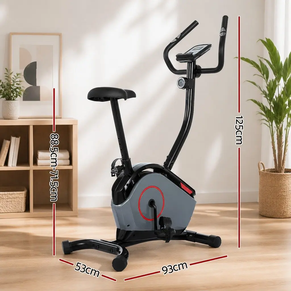 Upright Exercise Bike Home Gym Cardio Fitness Magnetic Resistance 8 Levels Adjustable Height Black Grey