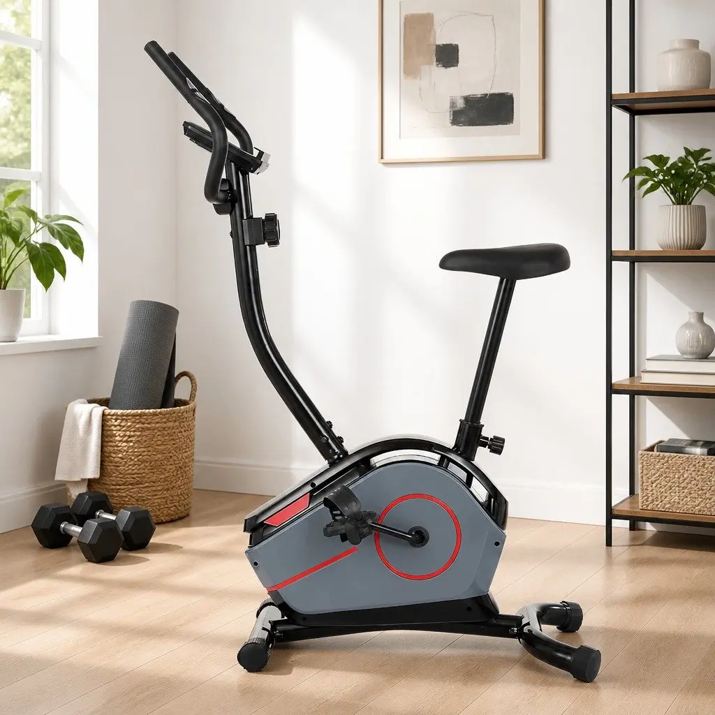 Upright Exercise Bike Home Gym Cardio Fitness Magnetic Resistance 8 Levels Adjustable Height Black Grey