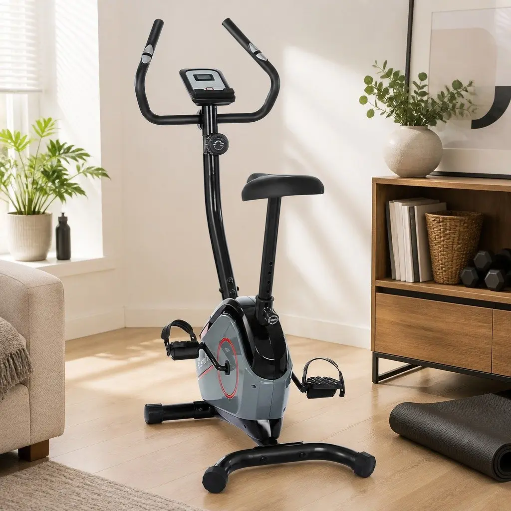 Upright Exercise Bike Home Gym Cardio Fitness Magnetic Resistance 8 Levels Adjustable Height Black Grey