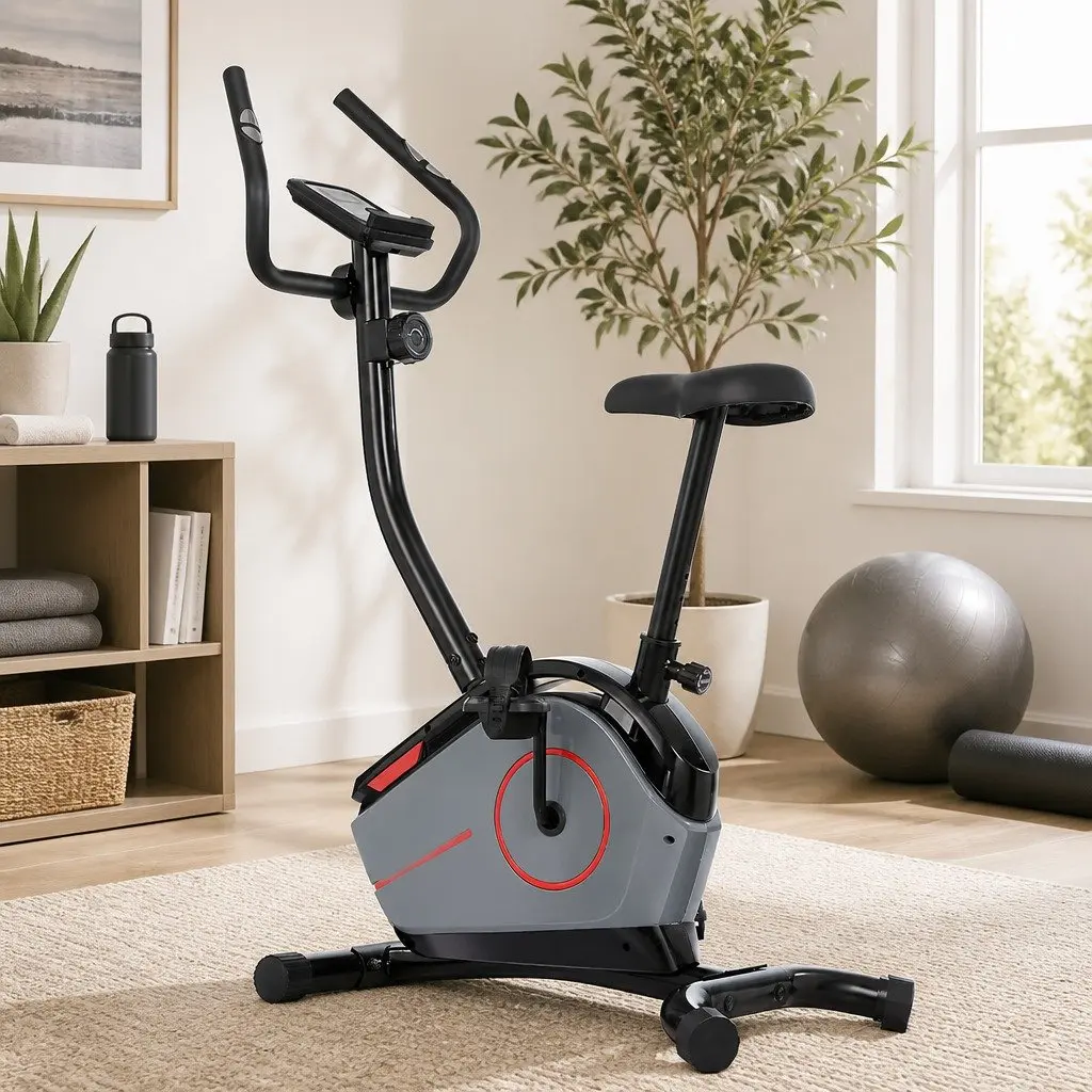 Upright Exercise Bike Home Gym Cardio Fitness Magnetic Resistance 8 Levels Adjustable Height Black Grey