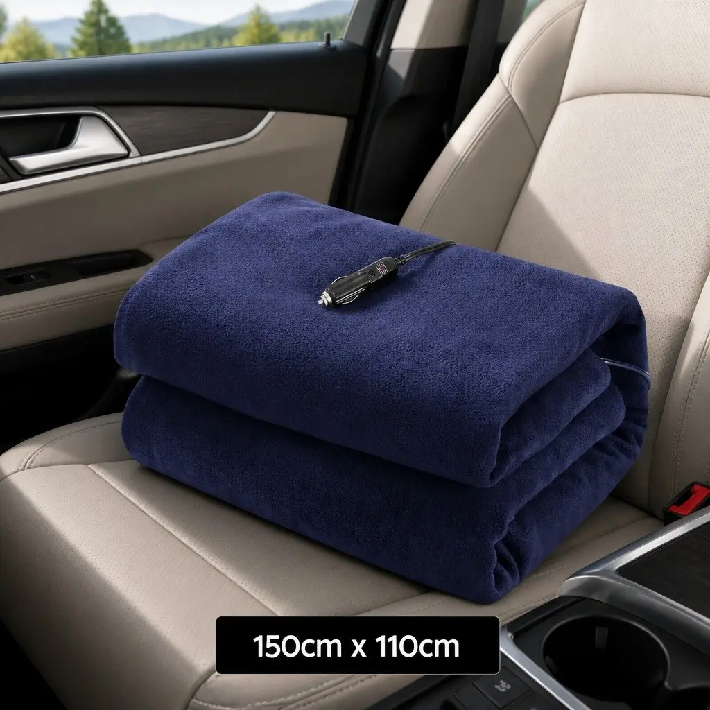 Electric Heated Blanket 12V DC Travel Camping 150cm x 110cm Navy Blue