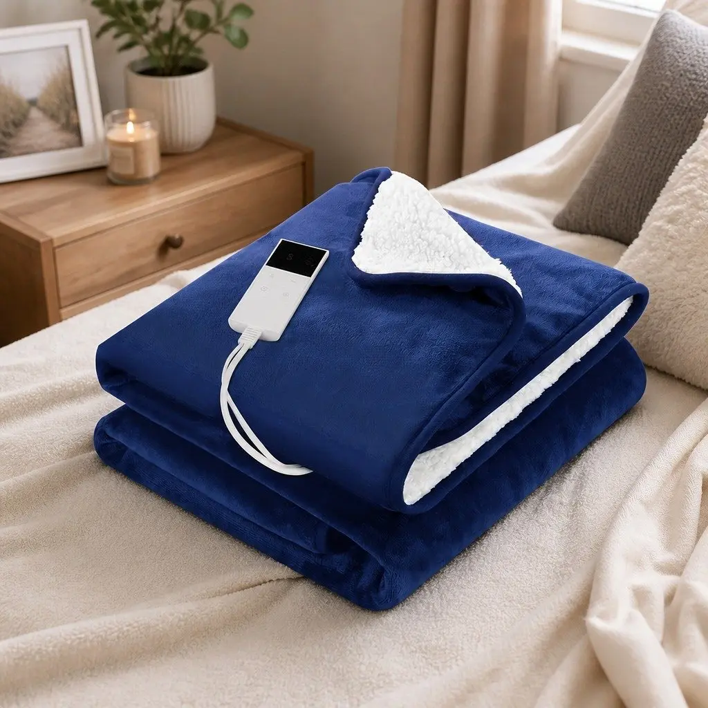 Electric Heated Throw Rug Blanket Dual-sided Flannel Sherpa 160cm x 130cm Navy Blue