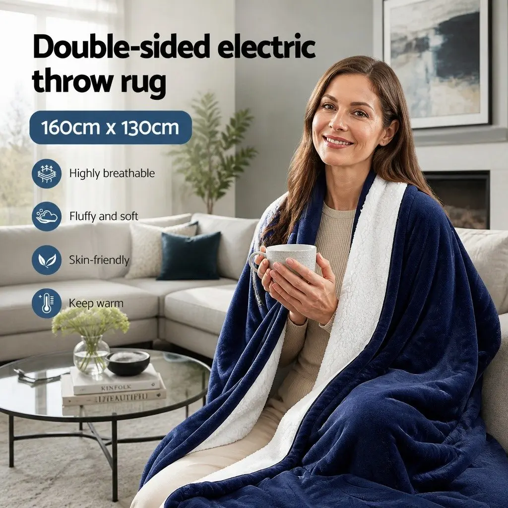 Electric Heated Throw Rug Blanket Dual-sided Flannel Sherpa 160cm x 130cm Navy Blue