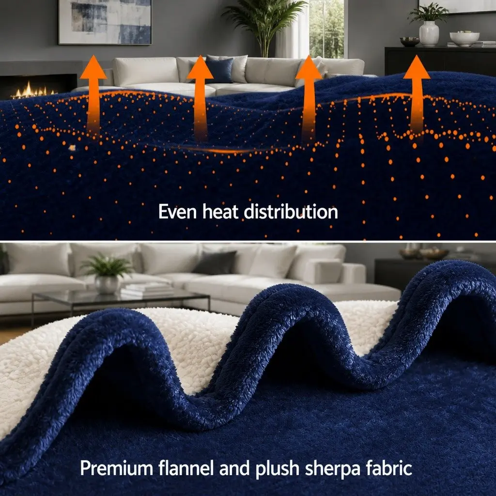 Electric Heated Throw Rug Blanket Dual-sided Flannel Sherpa 160cm x 130cm Navy Blue