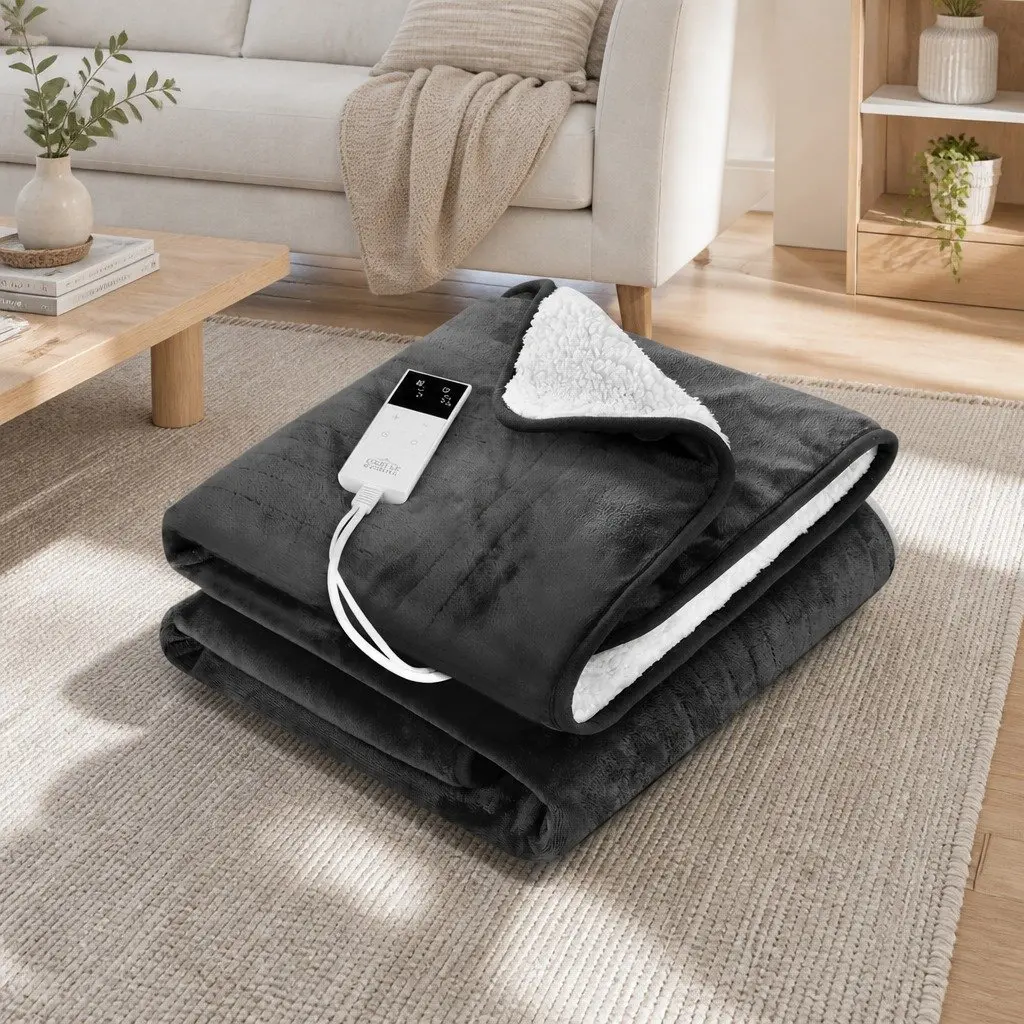 Heated Blanket Electric Throw Rug Flannel Sherpa Grey 160x130cm Washable Winter