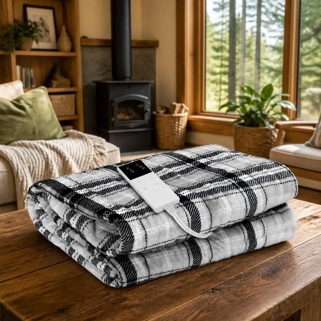 Electric Throw Blanket Heated Flannel Rug Sofa Bed 160cm x 130cm Grey White