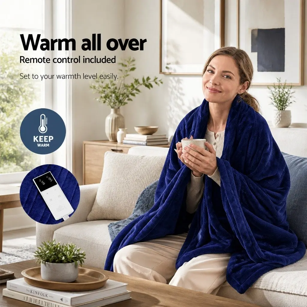 Electric Throw Blanket Heated Sofa Couch 160cm x 130cm Navy Blue Fleece 9 Levels