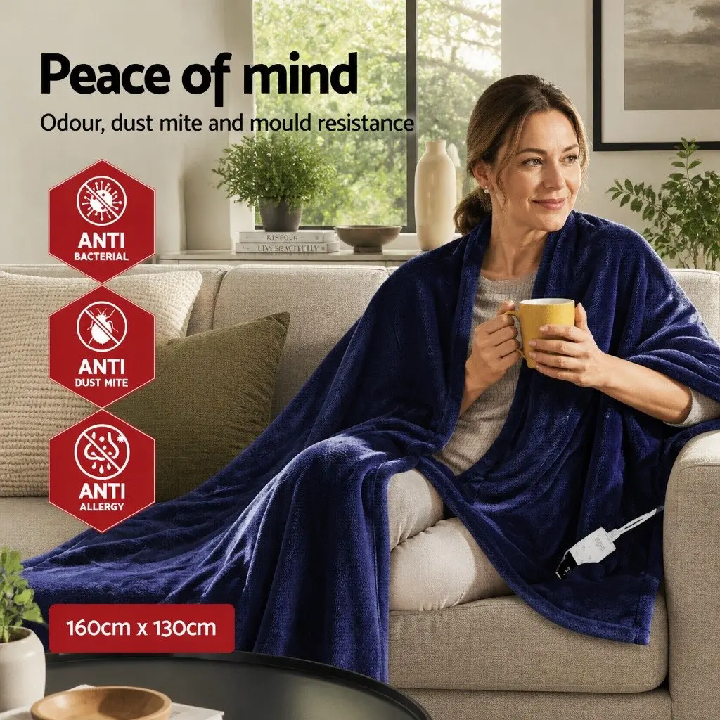 Electric Throw Blanket Heated Sofa Couch 160cm x 130cm Navy Blue Fleece 9 Levels