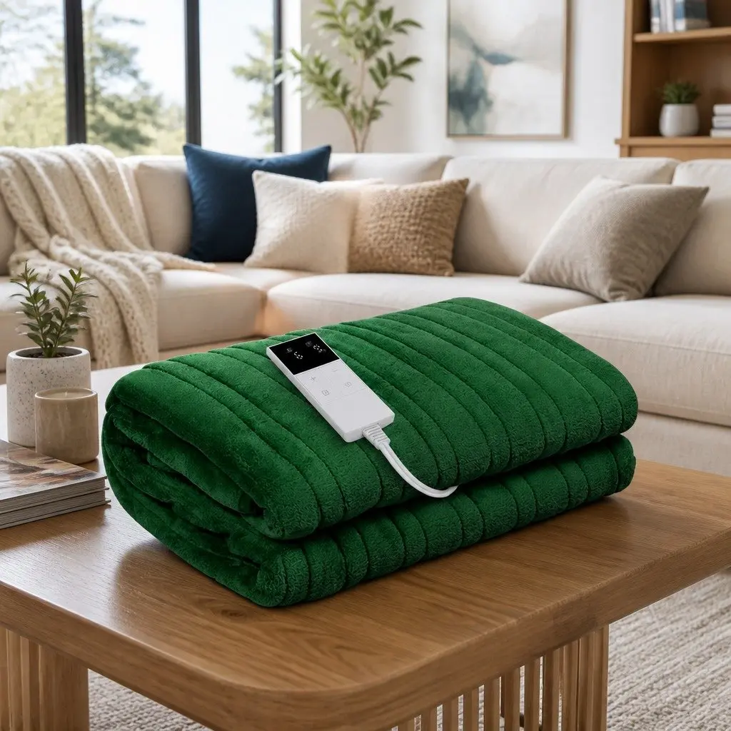 Electric Heated Throw Rug Washable Flannel Blanket 160cm x 130cm Green