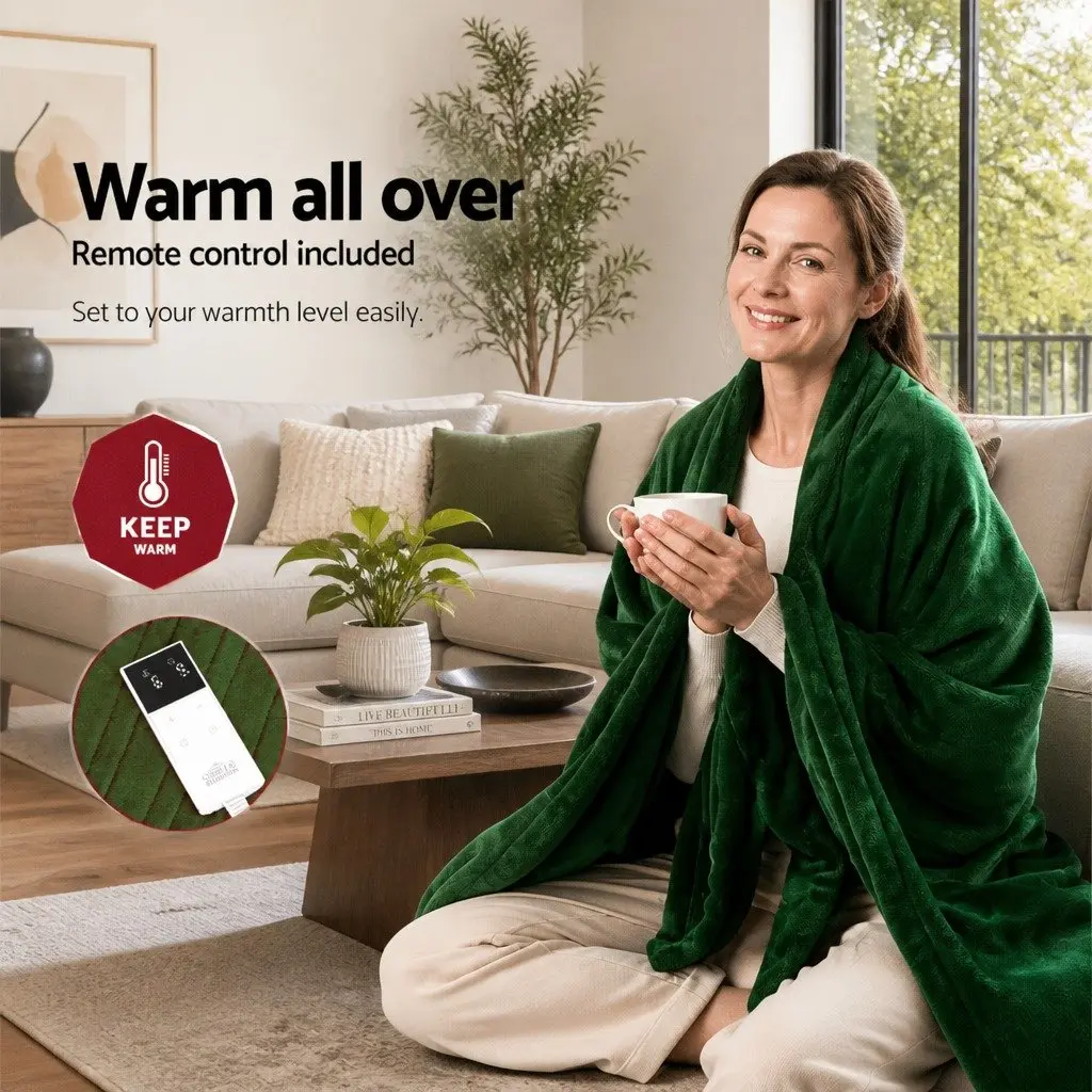 Electric Heated Throw Rug Washable Flannel Blanket 160cm x 130cm Green