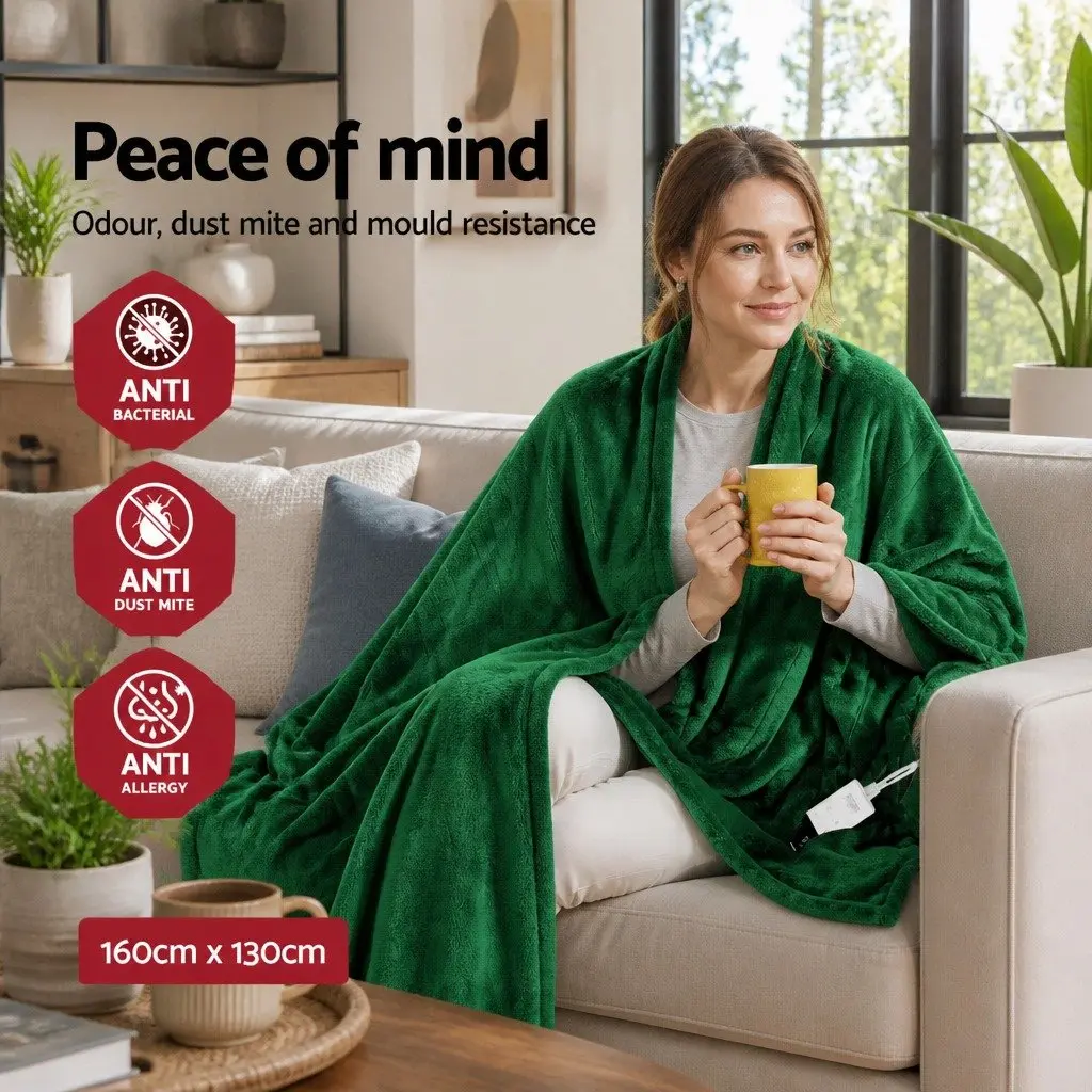 Electric Heated Throw Rug Washable Flannel Blanket 160cm x 130cm Green