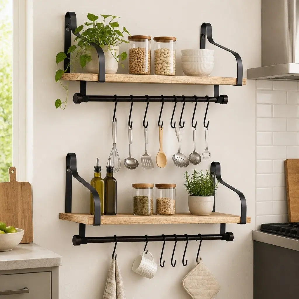 Floating Shelf with Hooks and Towel Bar