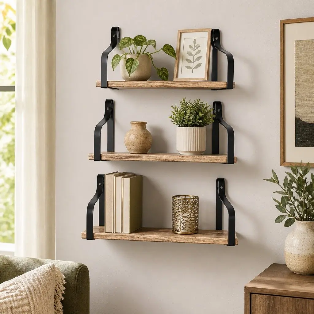Floating Shelf Brackets Display Industrial Style Paulownia Wood Natural 3 Piece