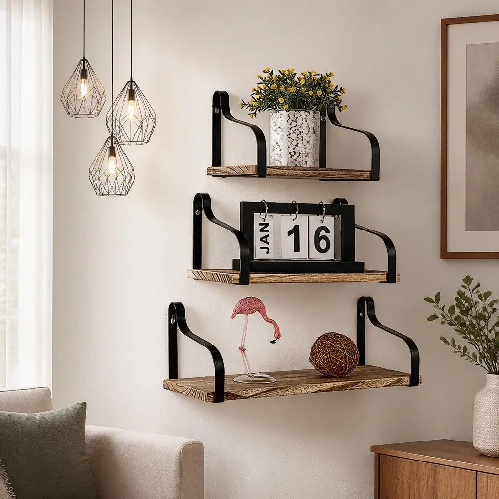 Floating Shelf Brackets Display Industrial Style Paulownia Wood Natural 3 Piece