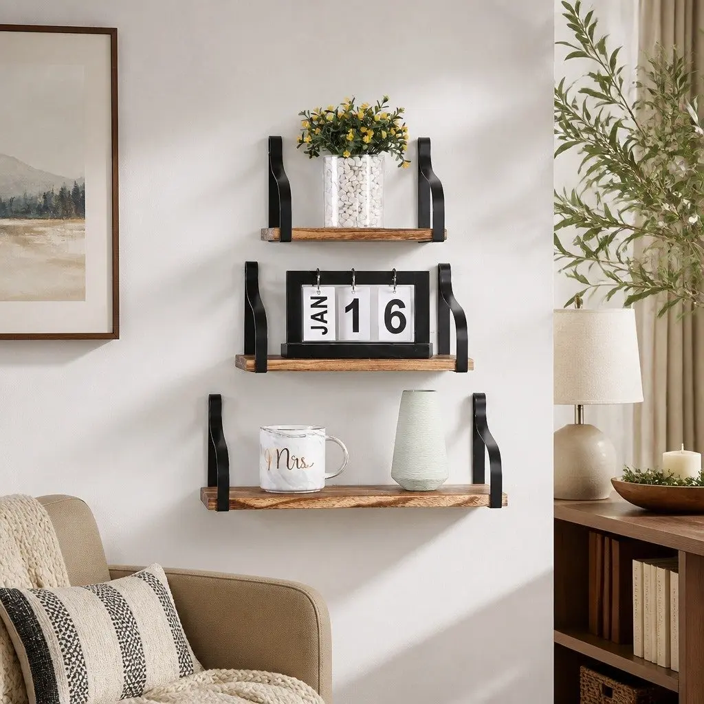 Floating Shelf Brackets Display Industrial Style Paulownia Wood Natural 3 Piece