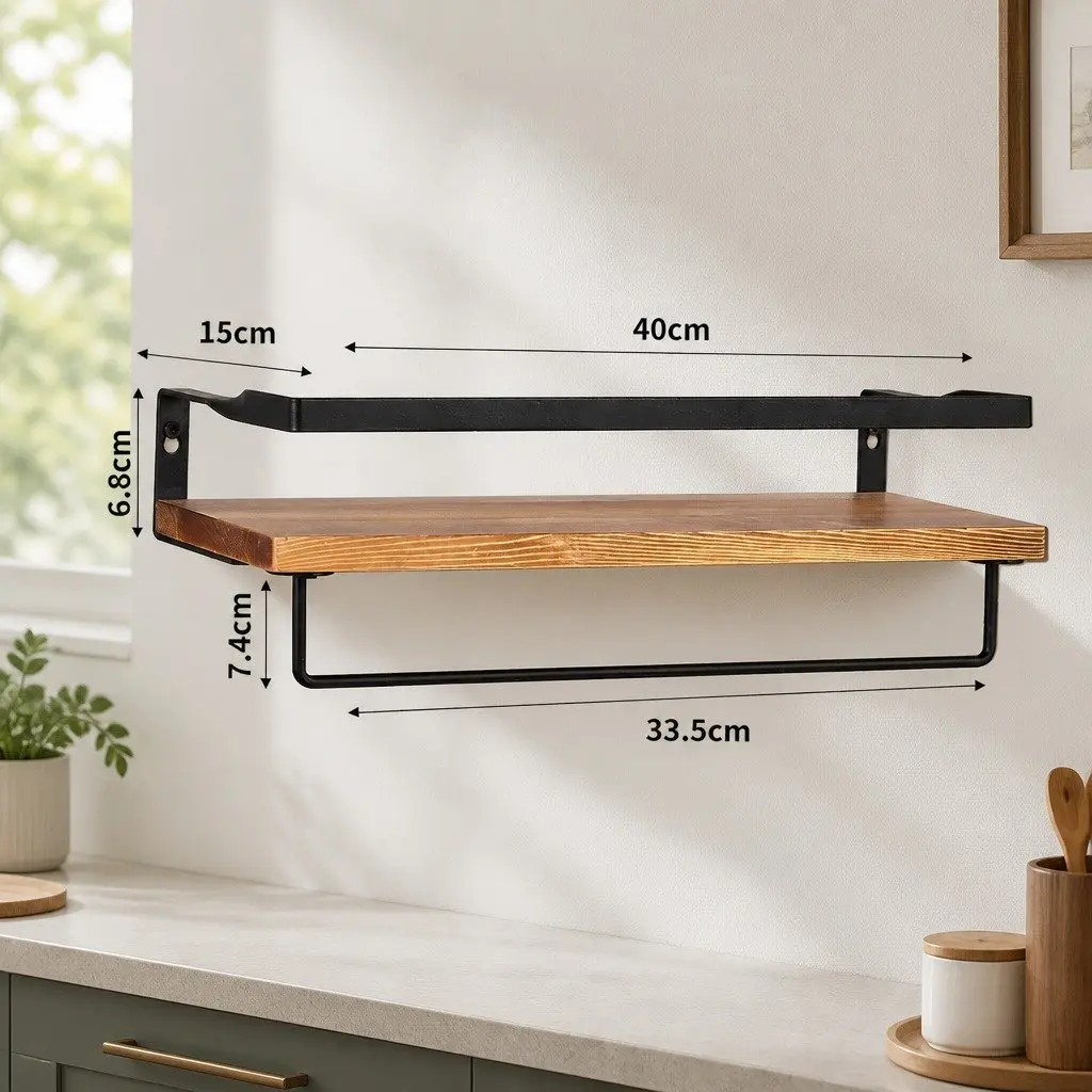 Floating Shelf Brackets Wall Mount Storage Display Industrial Style Natural Wood 40cm x 15cm x 6.8cm