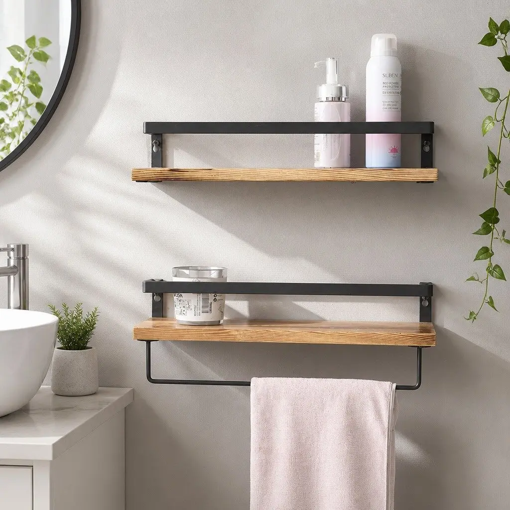 Floating Shelf Brackets Wall Mount Storage Display Industrial Style Natural Wood 40cm x 15cm x 6.8cm