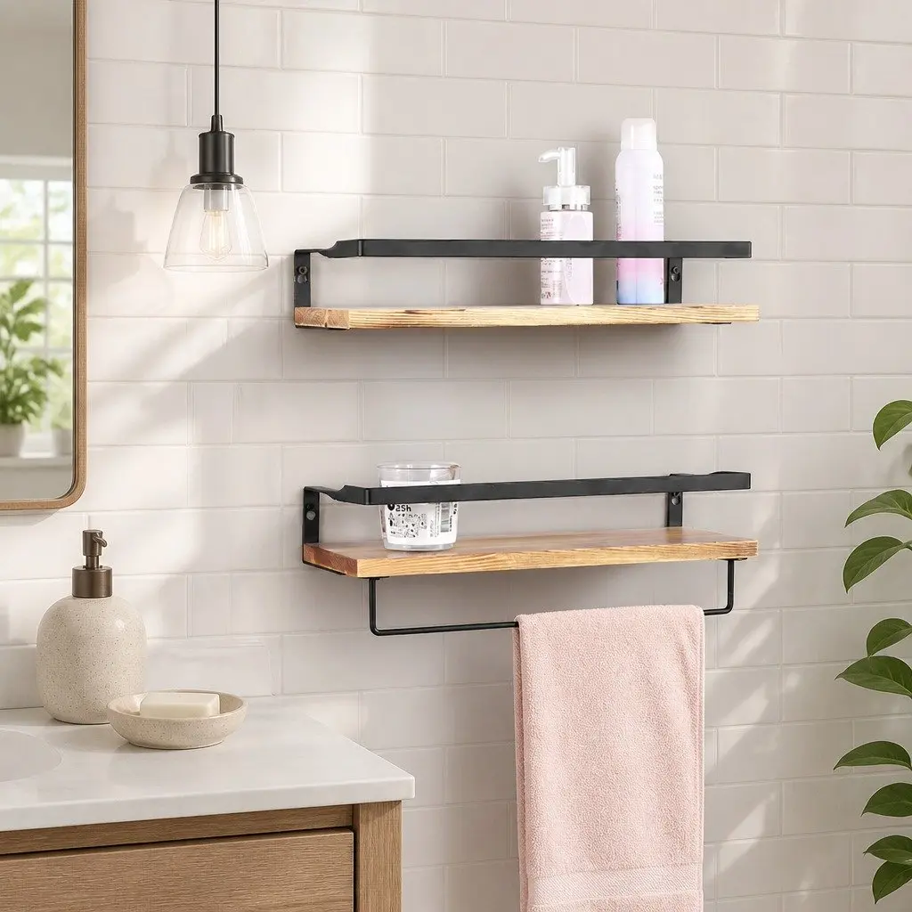 Floating Shelf Brackets Wall Mount Storage Display Industrial Style Natural Wood 40cm x 15cm x 6.8cm