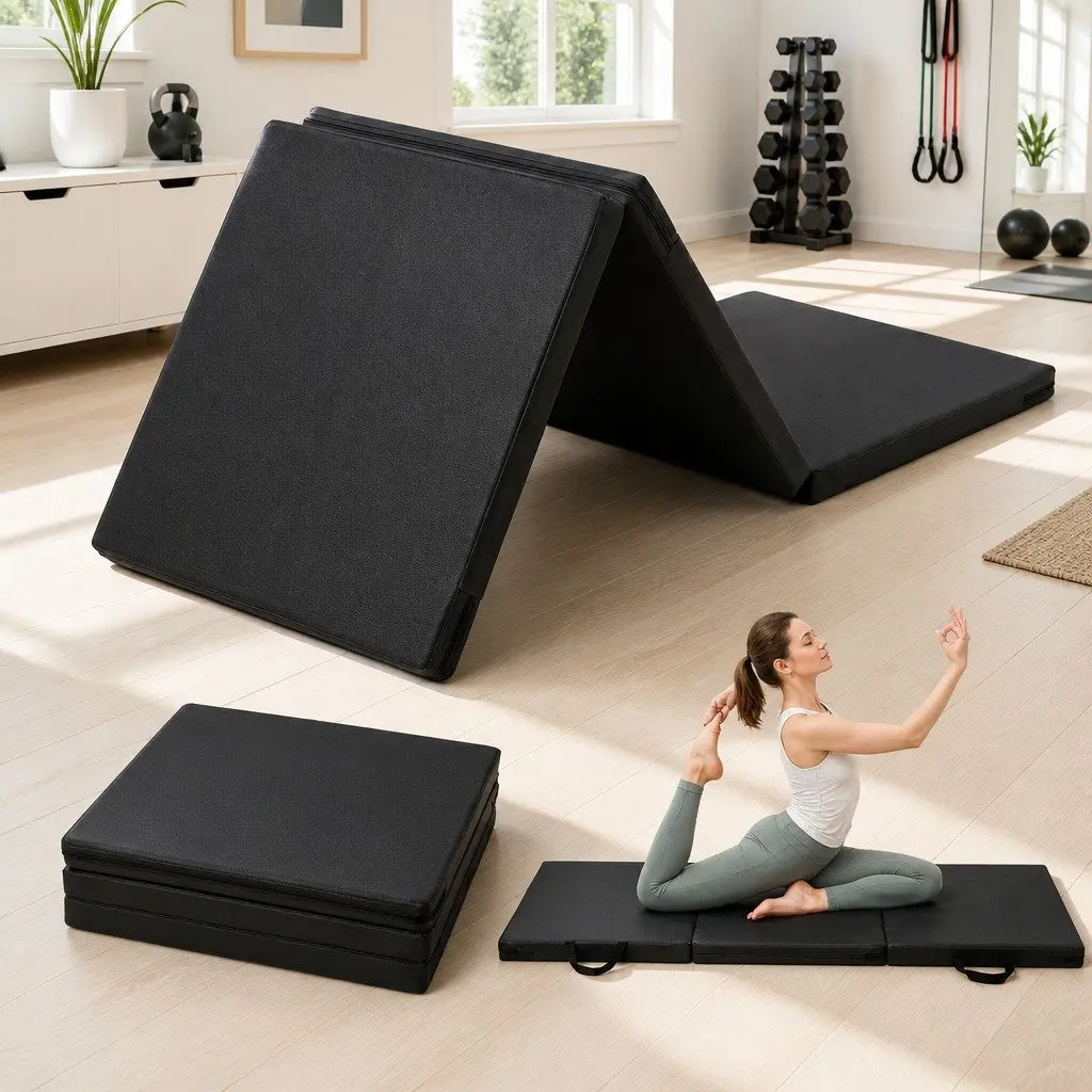 Gymnastics Mat Portable 3 Fold Exercise Floor Mat 181cm x 61cm Black