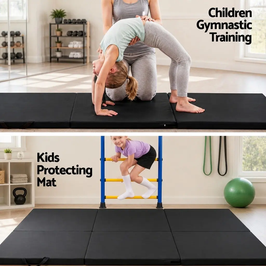 Gymnastics Mat Portable 3 Fold Exercise Floor Mat 181cm x 61cm Black