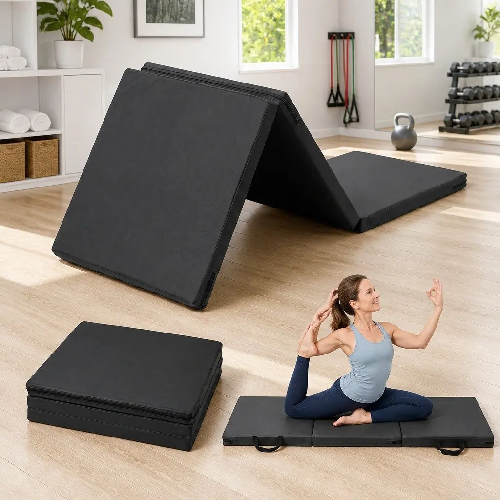 Gymnastics Mat Portable 3 Fold Exercise Floor Mat 181cm x 61cm Black