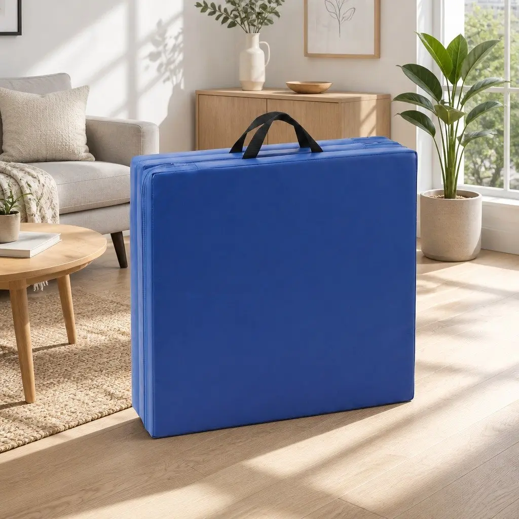 Folding Exercise Mat Portable Blue 3 Fold 180x60cm High Density Foam for Gymnastics Pilates and Home Workouts