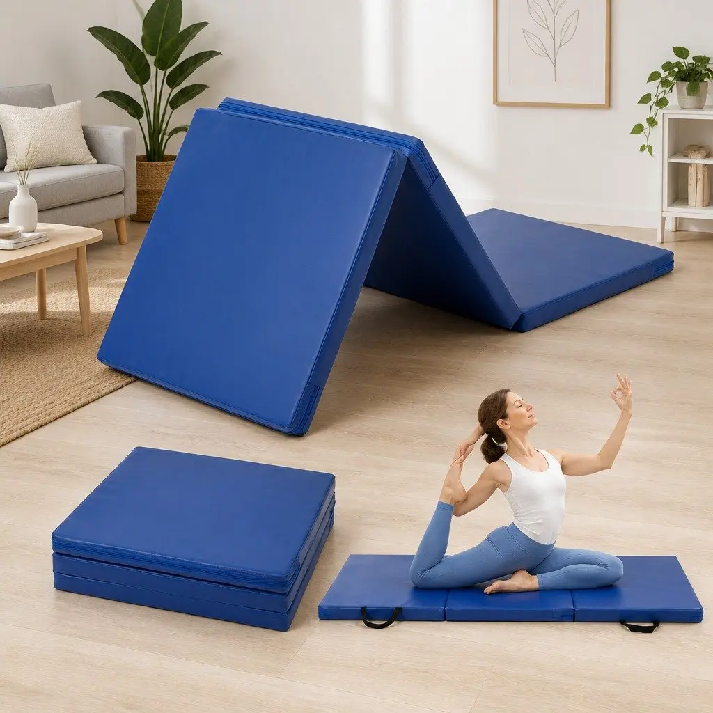 Folding Exercise Mat Portable Blue 3 Fold 180x60cm High Density Foam for Gymnastics Pilates and Home Workouts