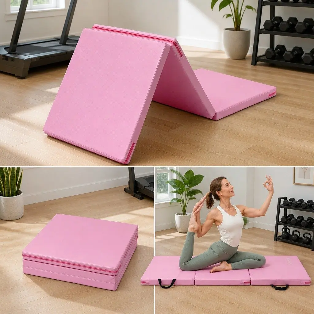 Gymnastics Mat Folding Exercise Floor Mat 180x60cm 3 Fold Portable Pink