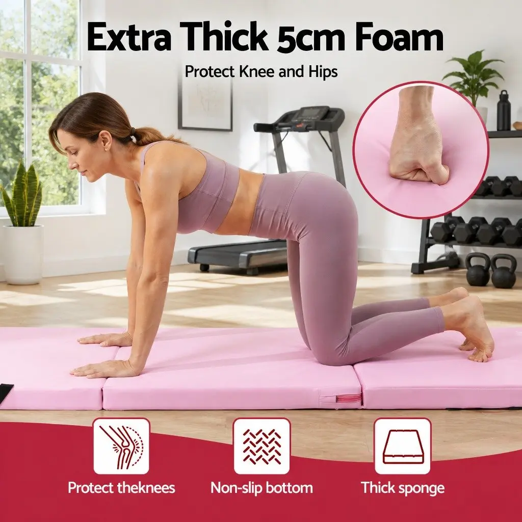 Gymnastics Mat Folding Exercise Floor Mat 180x60cm 3 Fold Portable Pink