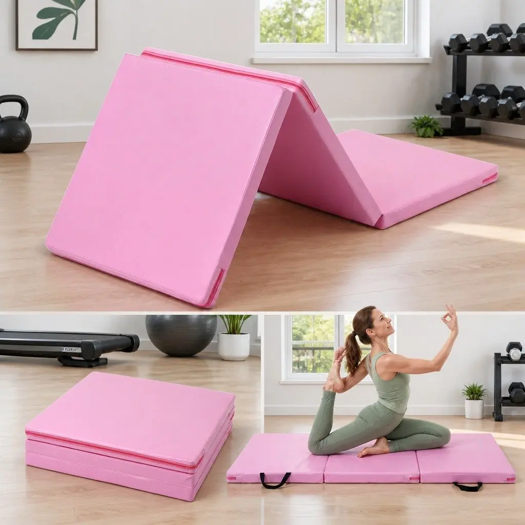 Gymnastics Mat Folding Exercise Floor Mat 180x60cm 3 Fold Portable Pink